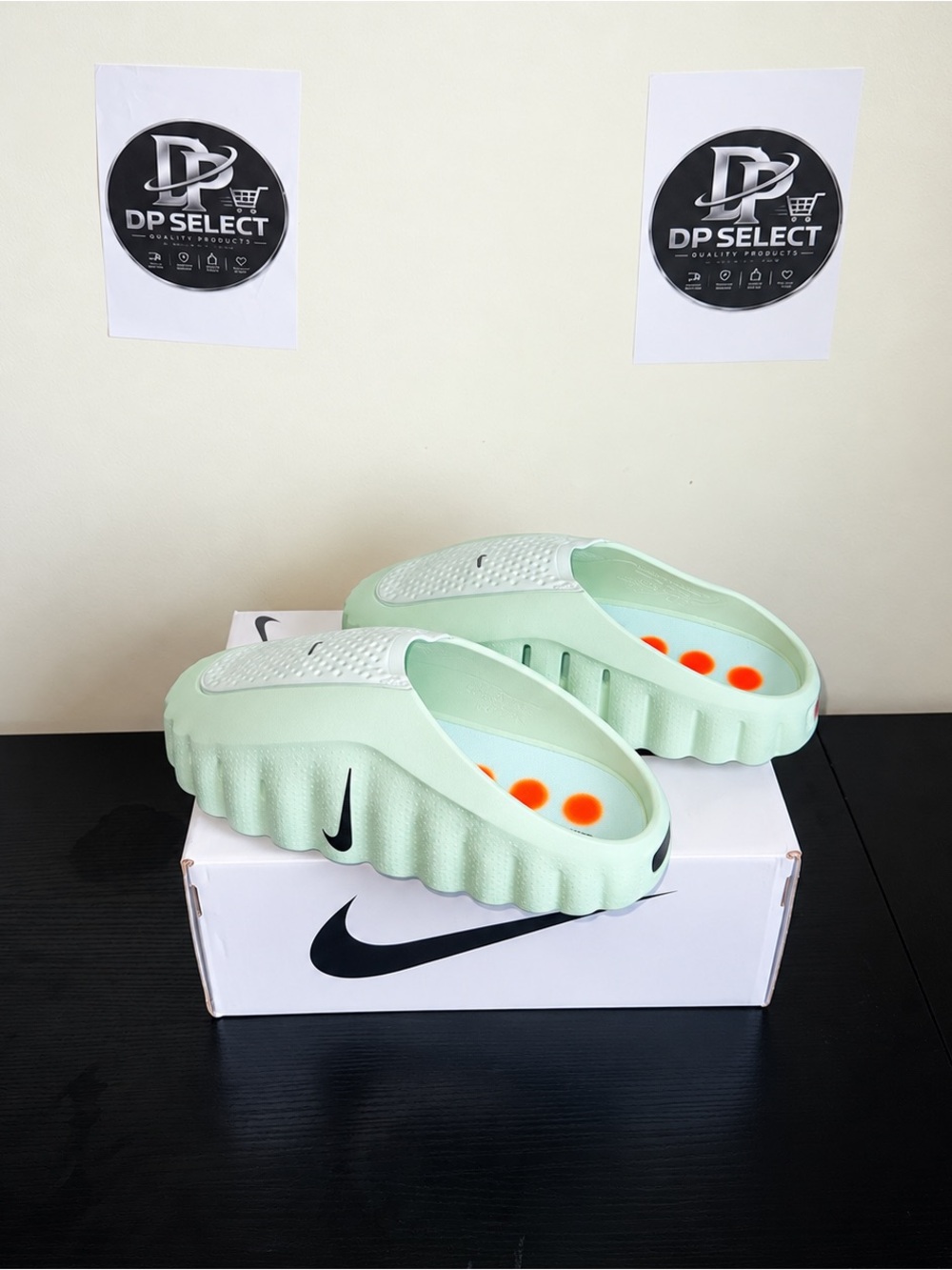 Nike Mint Green Foam Slide Clogs with Orange Insole Dots